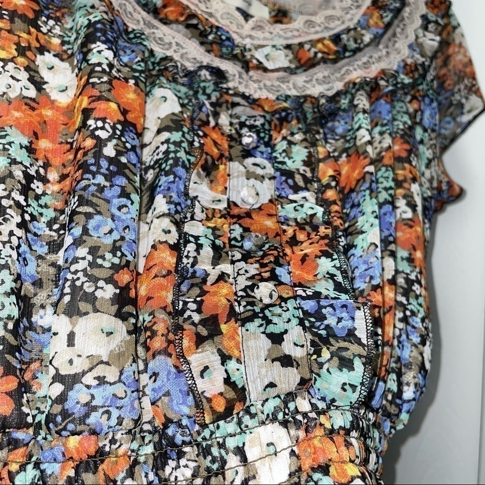 American Rag Cie Dress Mini Floral Print Lace Neckline Ruffles Fit and Flare XS - Picture 4 of 11